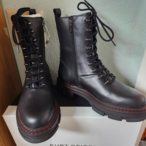 NIB Kurt Geiger London Black Leather Lace or Zip Combat Boots Cool Details! - Picture 2 of 14